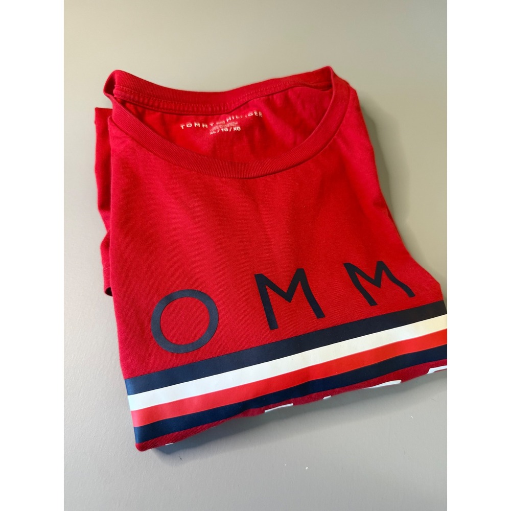 Tommy Hilfiger Mens Red Graphic Logo Stripe Short Sleeve T-Shirt XL S784-0001